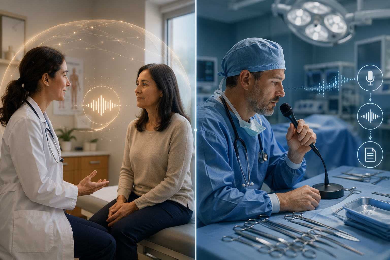 Split clinical scene showing AI scribe use during an exam-room conversation and transcription use after a procedure