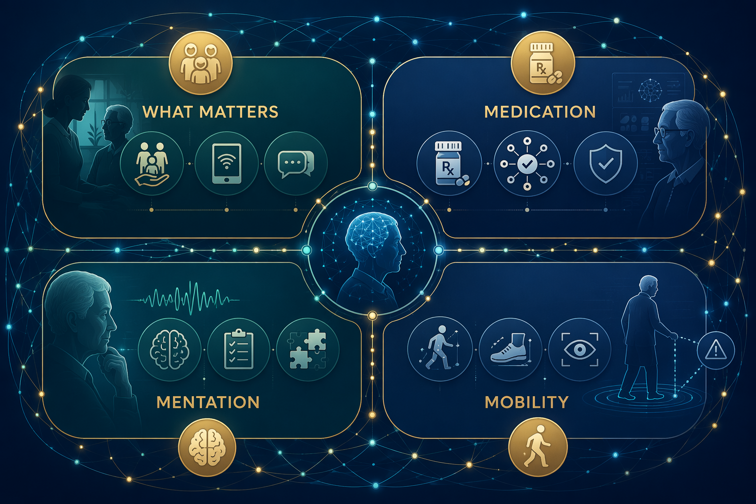 Four-quadrant clinical framework showing What Matters, Medication, Mentation, and Mobility domains connected by AI data networks
