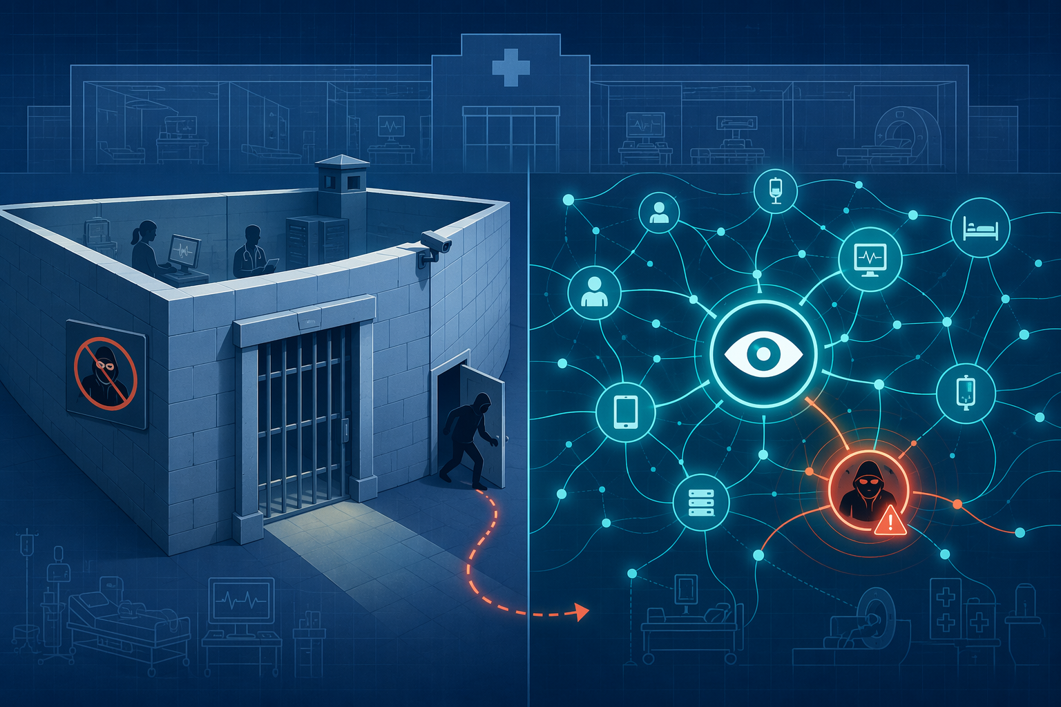 Side-by-side illustration comparing static gate-based security with behavioral network detection in a hospital setting