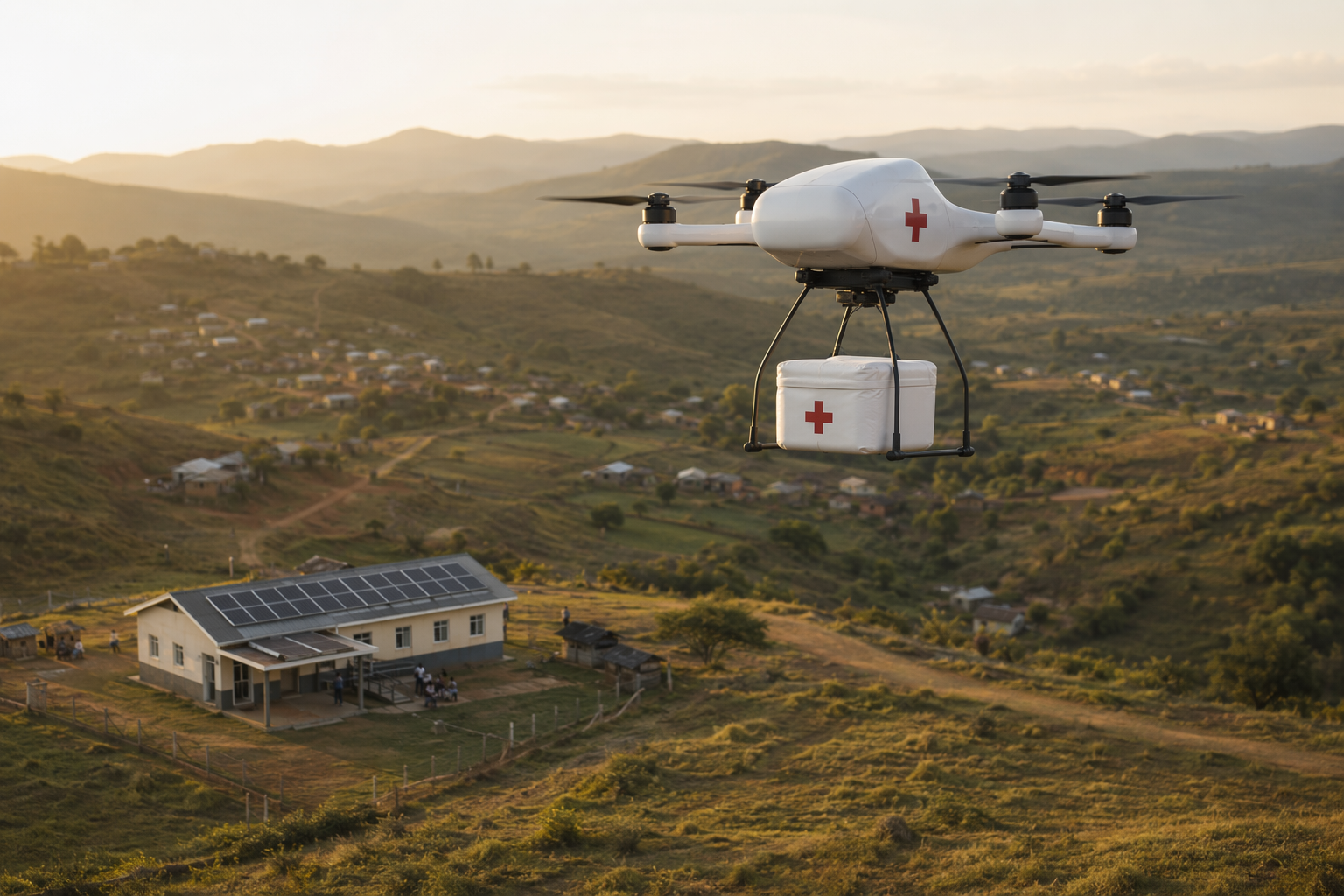 Medical delivery drone flying over a rural landscape near a clinic with solar panels