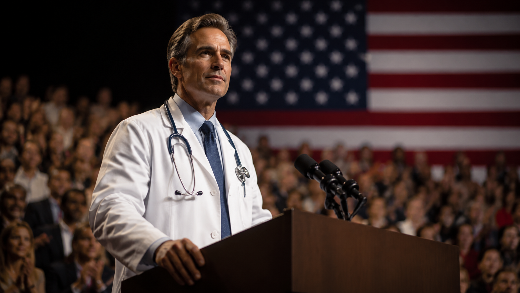 A physician in a white coat at a campaign podium with microphones, an American flag, and an auditorium audience