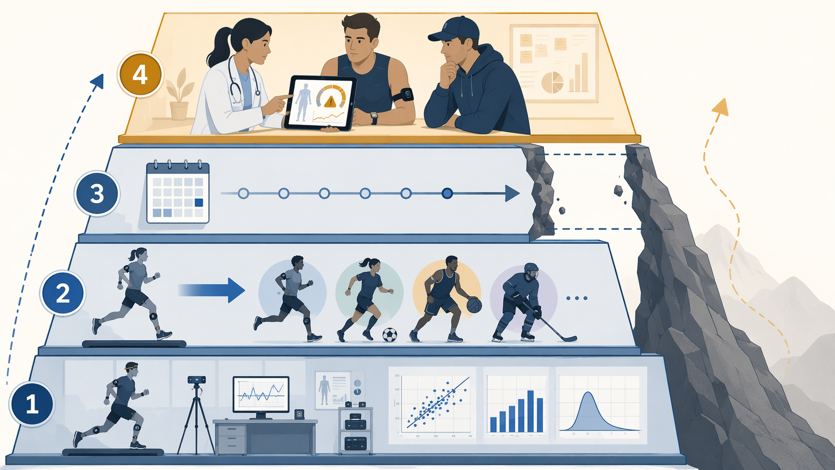 Four-level readiness ladder from lab validation to clinician athlete and coach reviewing wearable AI output