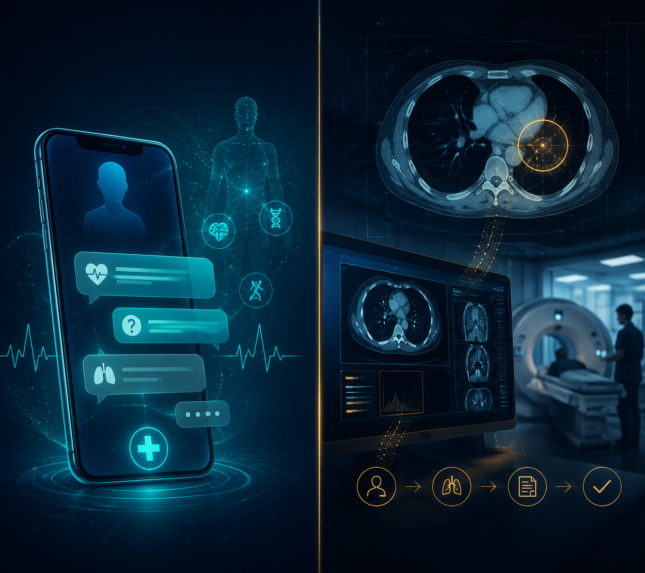 Split illustration showing consumer health questions on a smartphone and hospital-side CT screening workflow