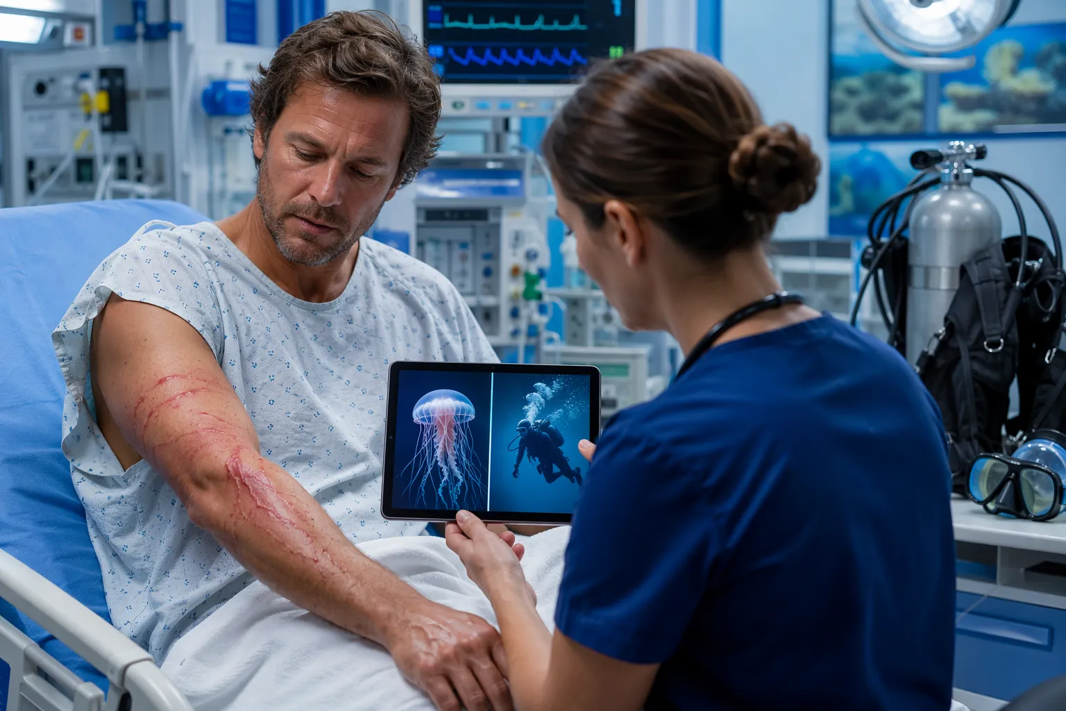 Emergency department bedside scene showing a diver patient with marine sting symptoms while a clinician reviews diagnostic ambiguity between jellyfish envenomation and decompression sickness on a tablet