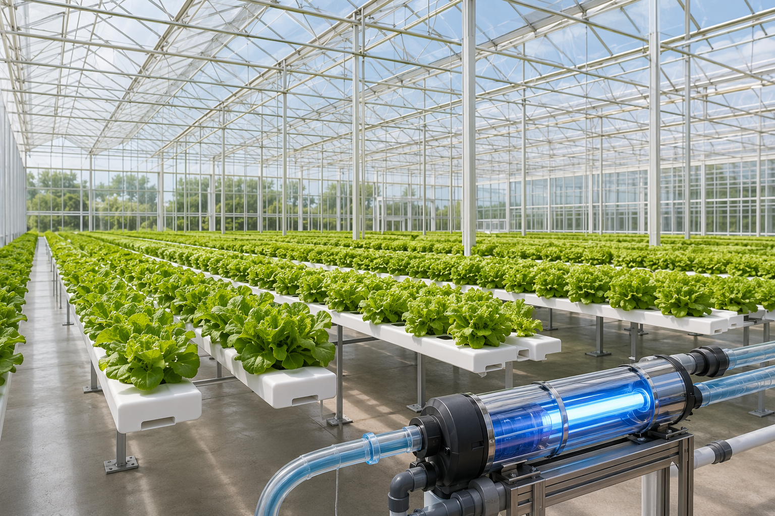 Modern hydroponic greenhouse with UV water sterilization equipment.