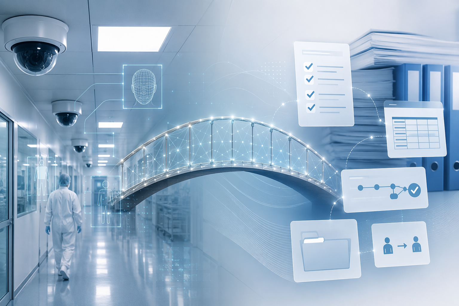 Cleanroom CCTV monitoring connected with GMP validation records, audit trails, and change control documentation