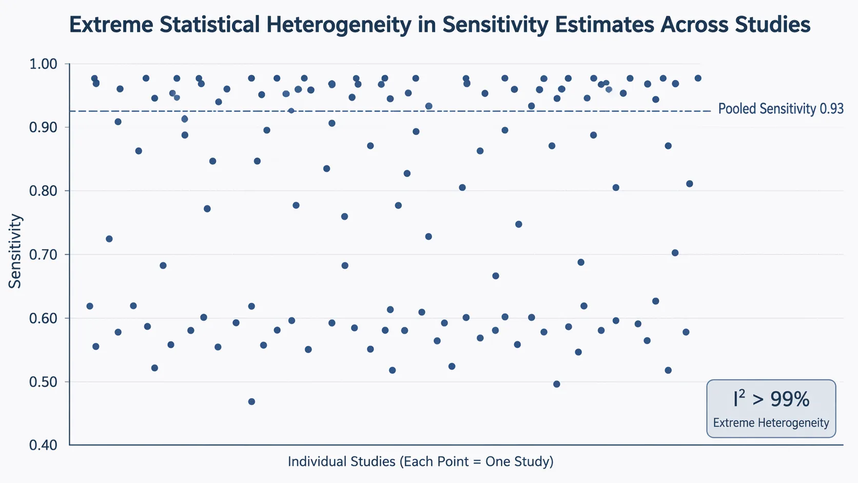 Scatter plot of widely varying study sensitivities around a pooled average with I squared above 99 percent