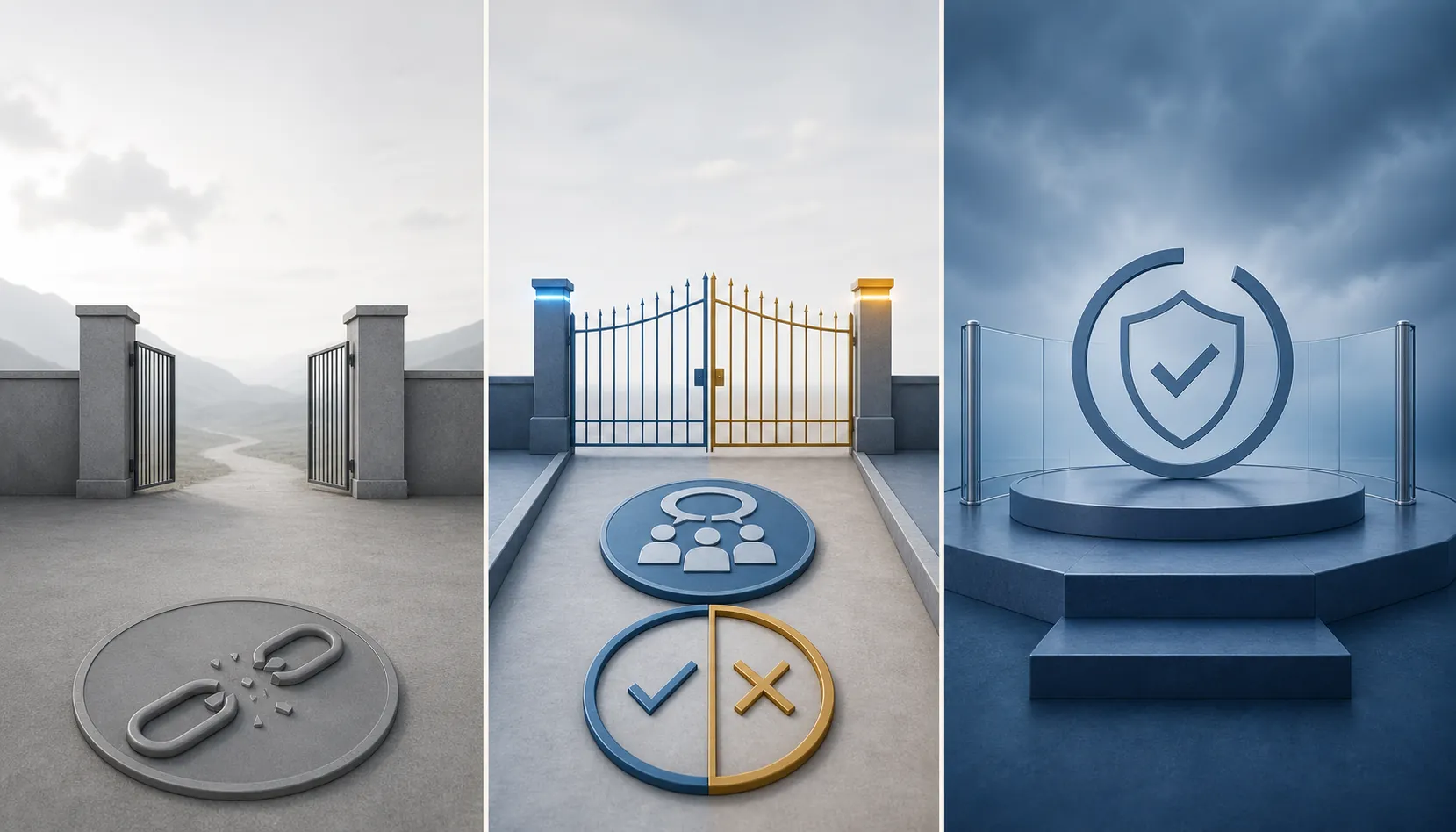 Three separate regulatory states shown as an open gate, an advisory pathway, and an incomplete approval platform
