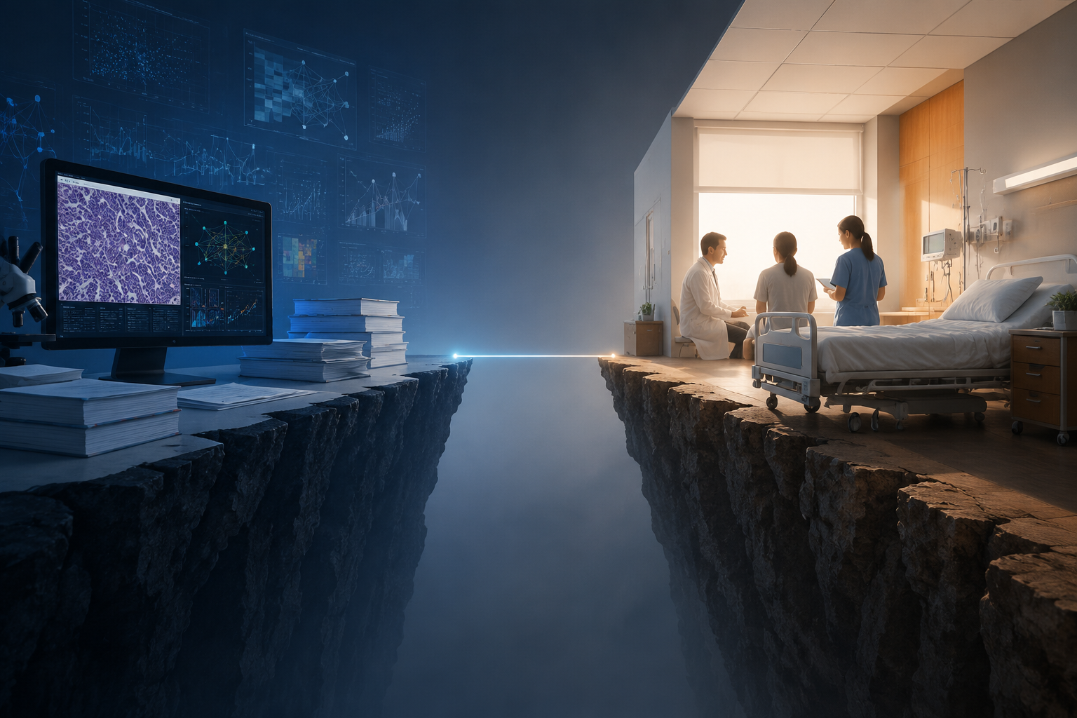 Split scene showing retrospective AI research on one side and a clinical oncology setting on the other, separated by a visible gap and thin bridge
