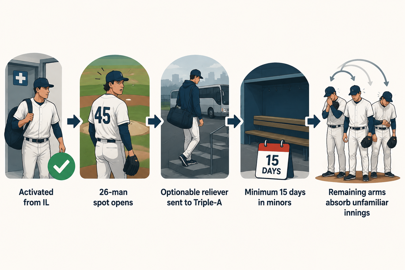 Infographic showing a roster cascade from injured-list activation to optioned pitcher, 15-day gap, and heavier bullpen workload