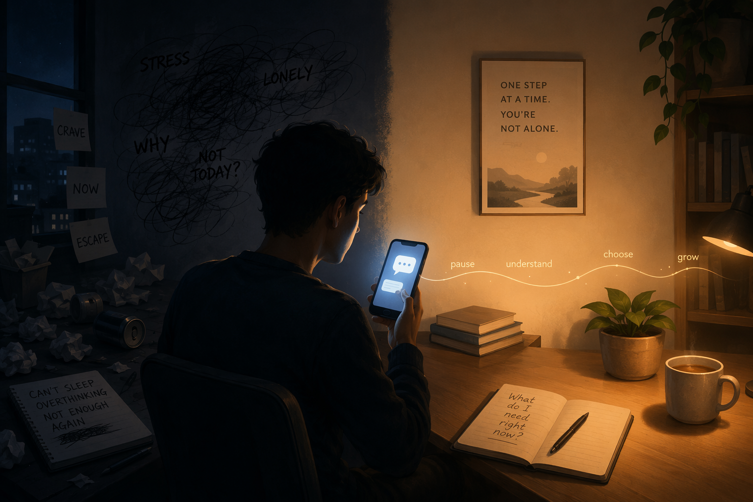 A dimly lit late-night room with a smartphone chatbot conversation, shifting from tension to calm