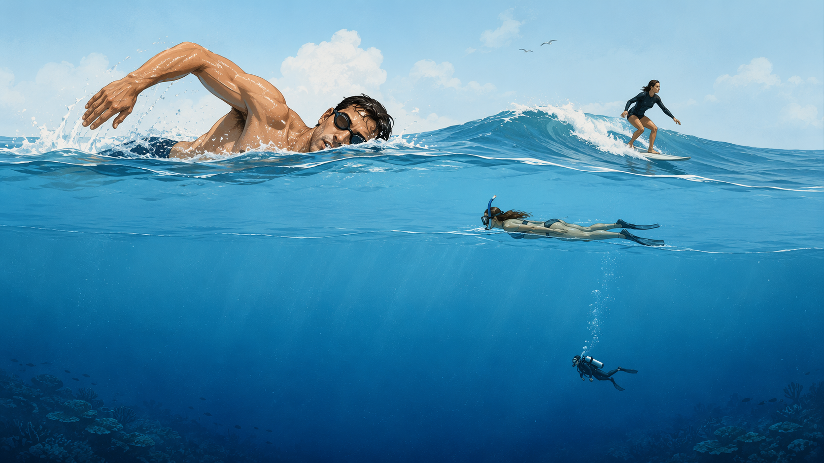 Illustration comparing shark incident proportions among swimmers, surfers, snorkelers, and scuba divers