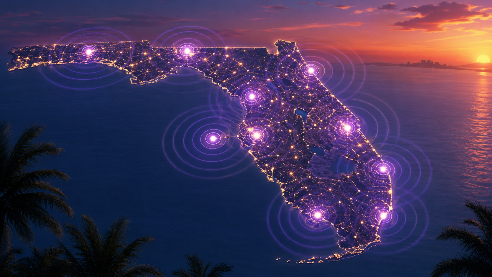 Stylized Florida map with purple alert signals connecting communities