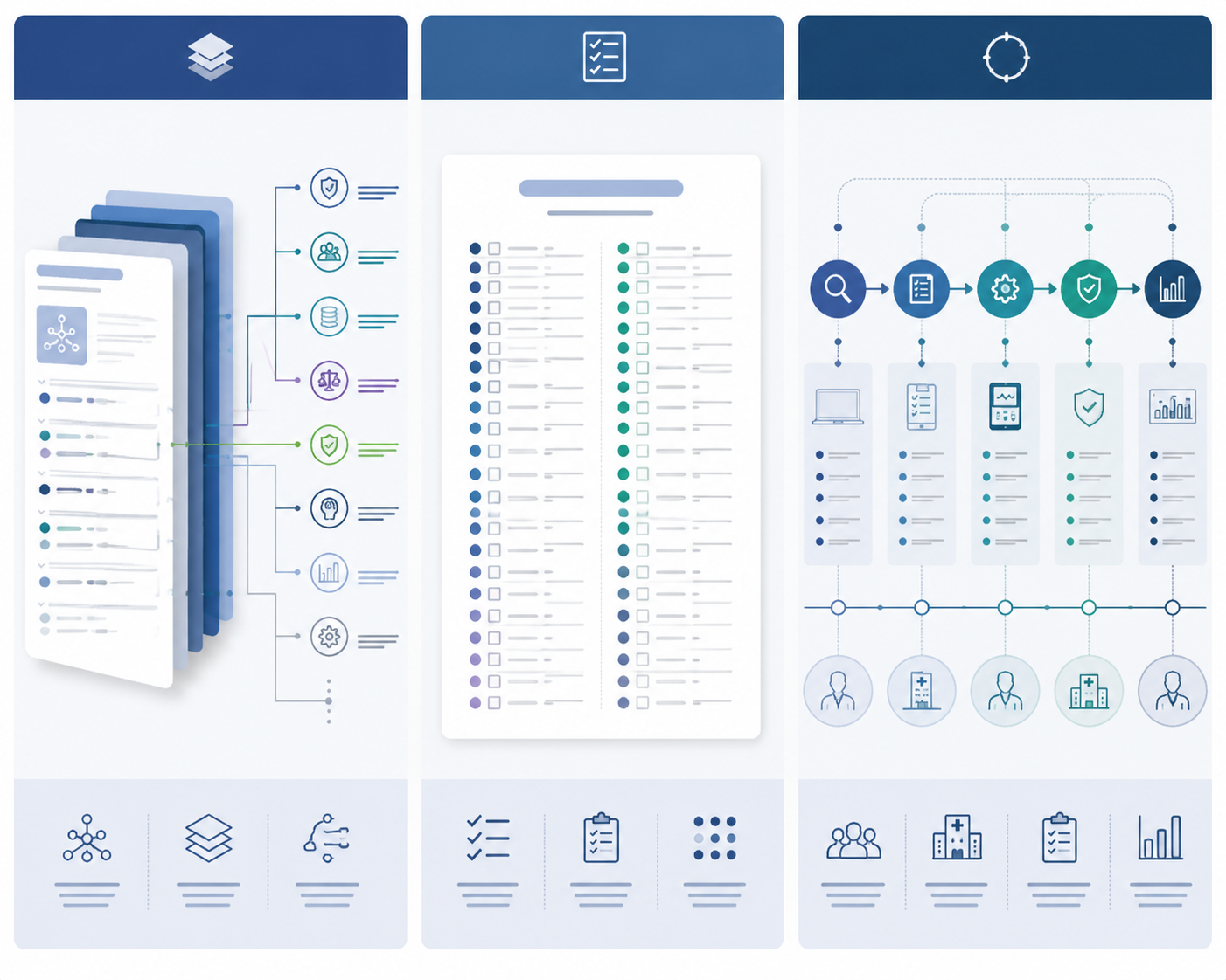 Side-by-side illustration of CHAI schema, DIHI checklist, and FDA lifecycle framework