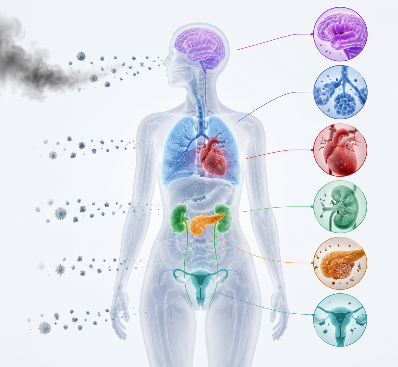 Anatomical diagram showing wildfire smoke particles affecting lungs, heart, brain, kidneys, pancreas, and uterus
