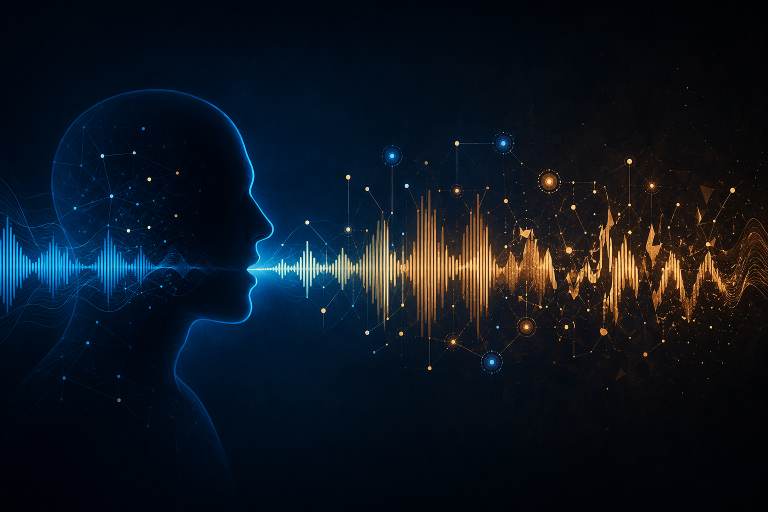 Side-profile silhouette with speech waveforms becoming fragmented as data-analysis nodes track linguistic patterns