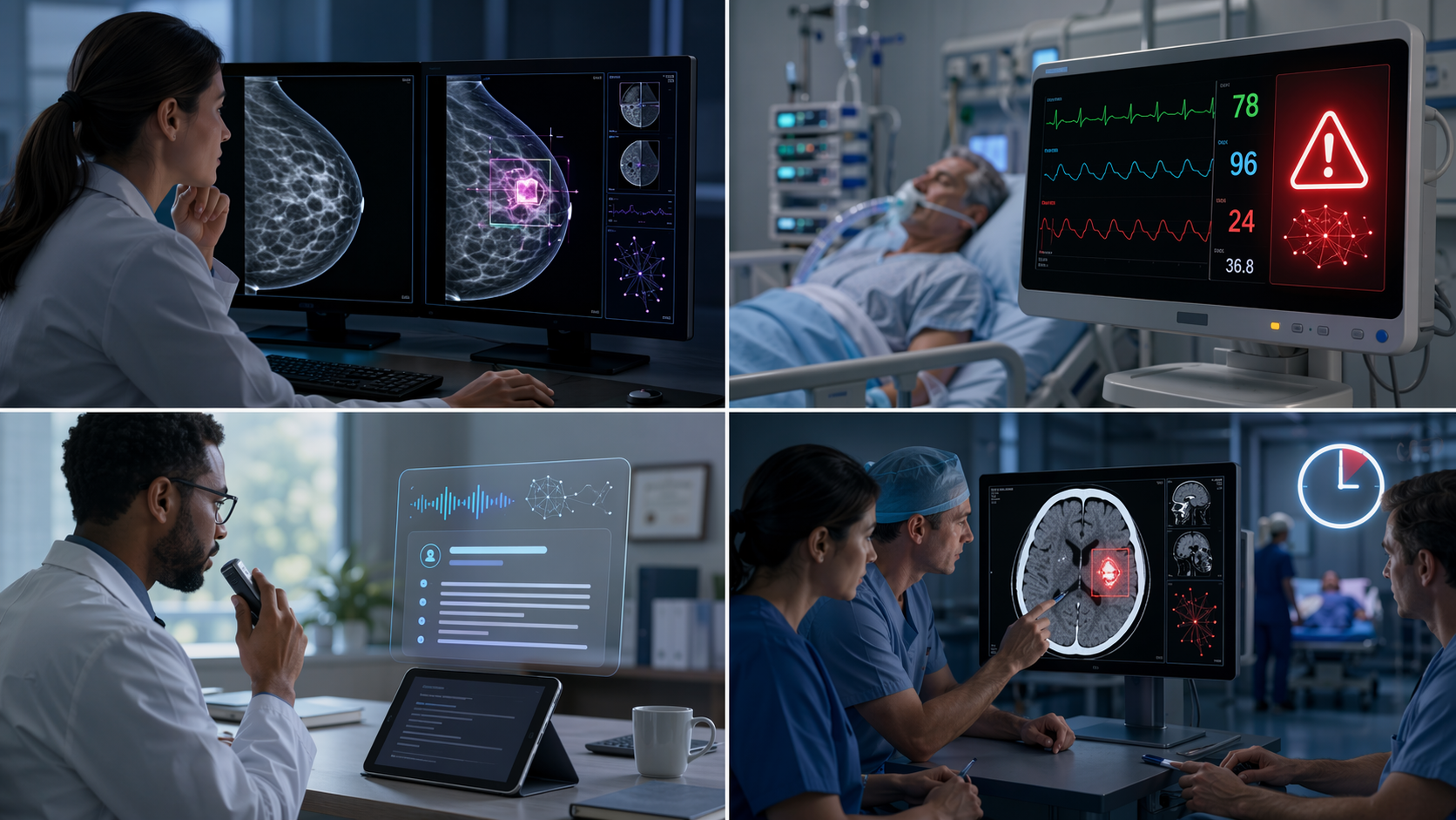 Four clinical AI workflows showing mammography review, sepsis warning, ambient documentation, and stroke detection