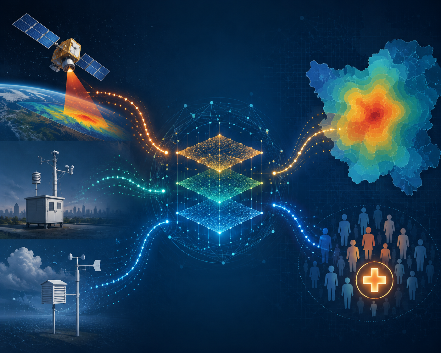 Satellite, ground monitor, and weather sensor data feeding a machine learning processor and population exposure map
