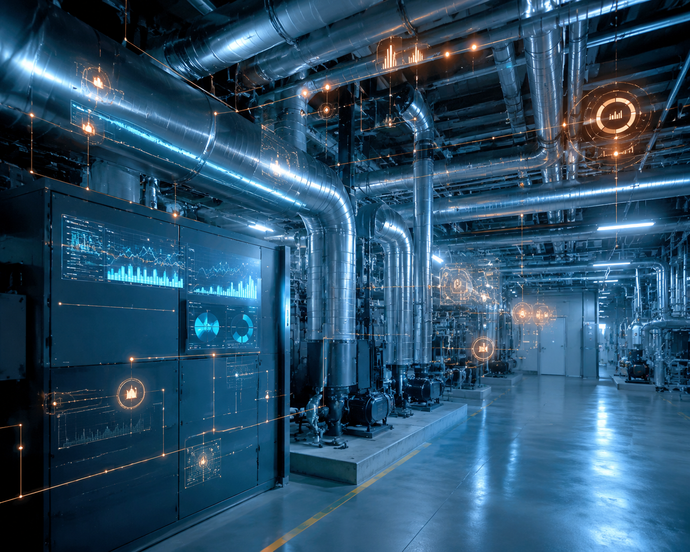 Hospital mechanical plant room with HVAC ducts, pipes, and subtle AI sensor indicators