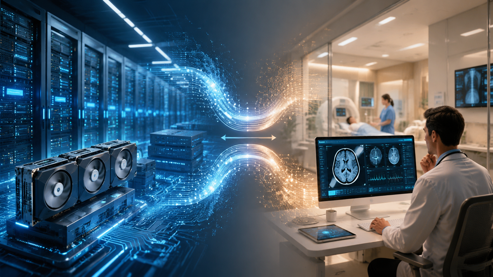Data center GPU racks connected to a clinical AI environment by bidirectional data streams