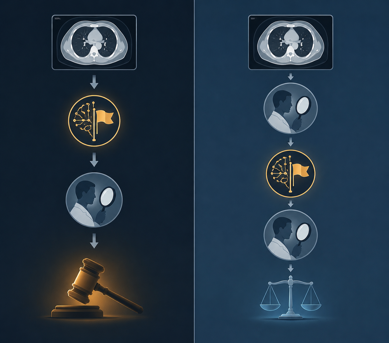 Comparison of single-review and two-review CT AI workflows with different liability signals
