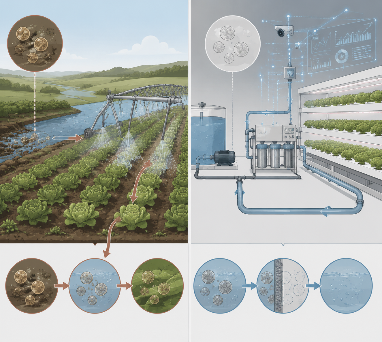 Comparison of open-field irrigation exposure and closed-loop indoor farming water treatment with AI monitoring