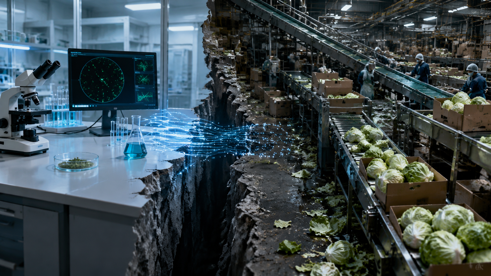 Lab detection environment separated from produce facility operations by a broken data bridge