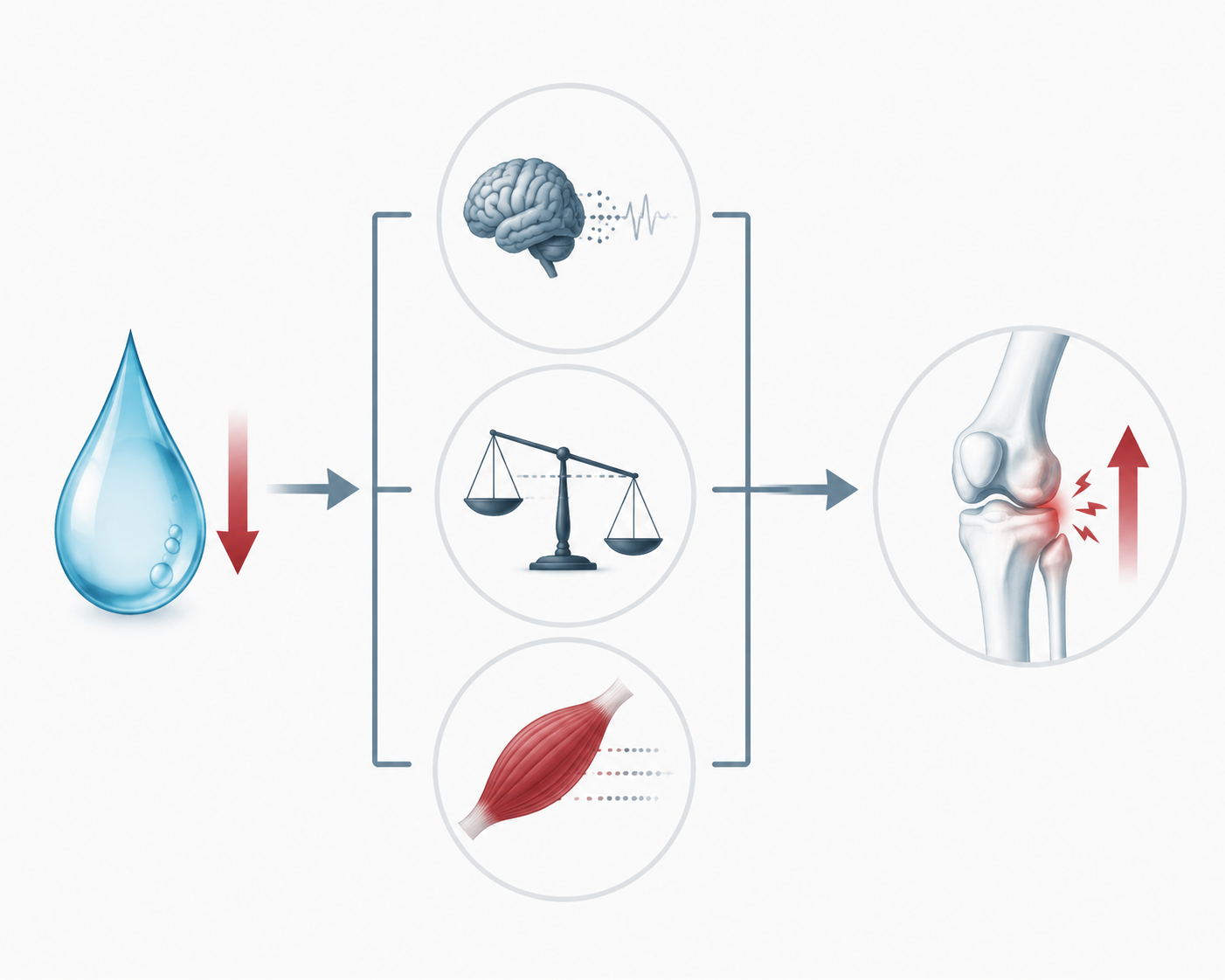 Flow diagram linking fluid loss to reduced neural signaling, postural instability, reduced muscle force output, and increased injury risk