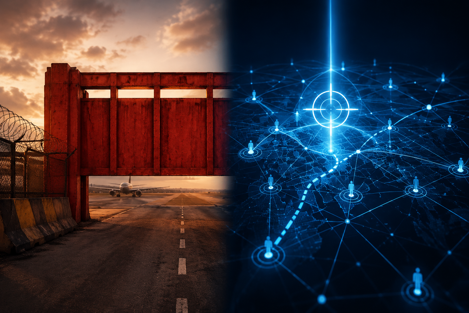 Blanket travel ban barrier contrasted with AI-driven targeted quarantine network