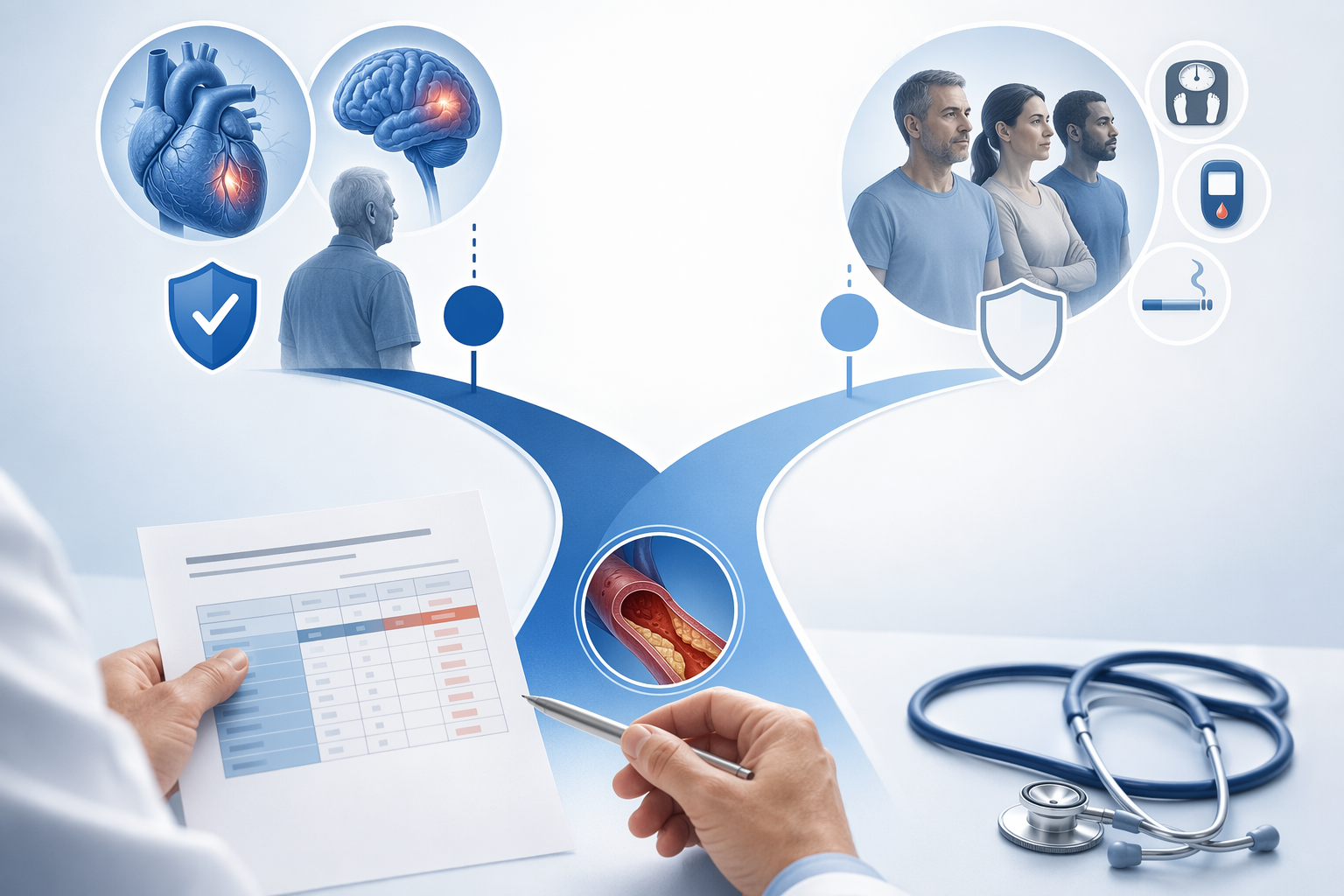 Physician reviewing lipid panel results with separate secondary and primary prevention decision pathways