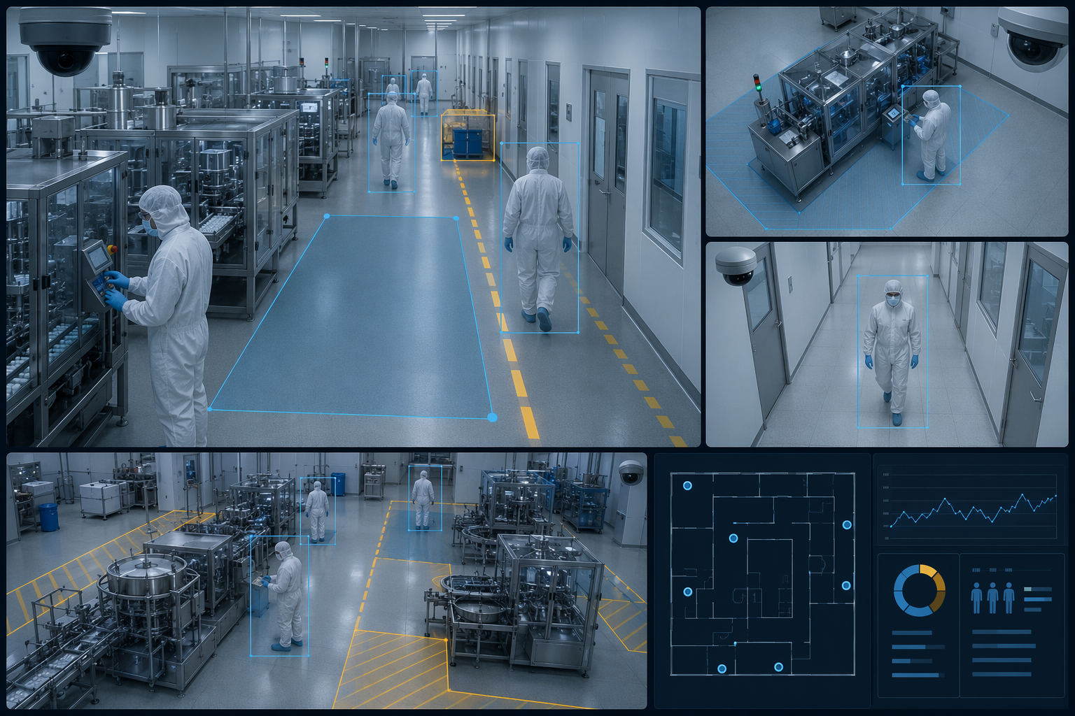 Pharmaceutical cleanroom corridor monitored by CCTV with AI safety zones and hazard detection overlays