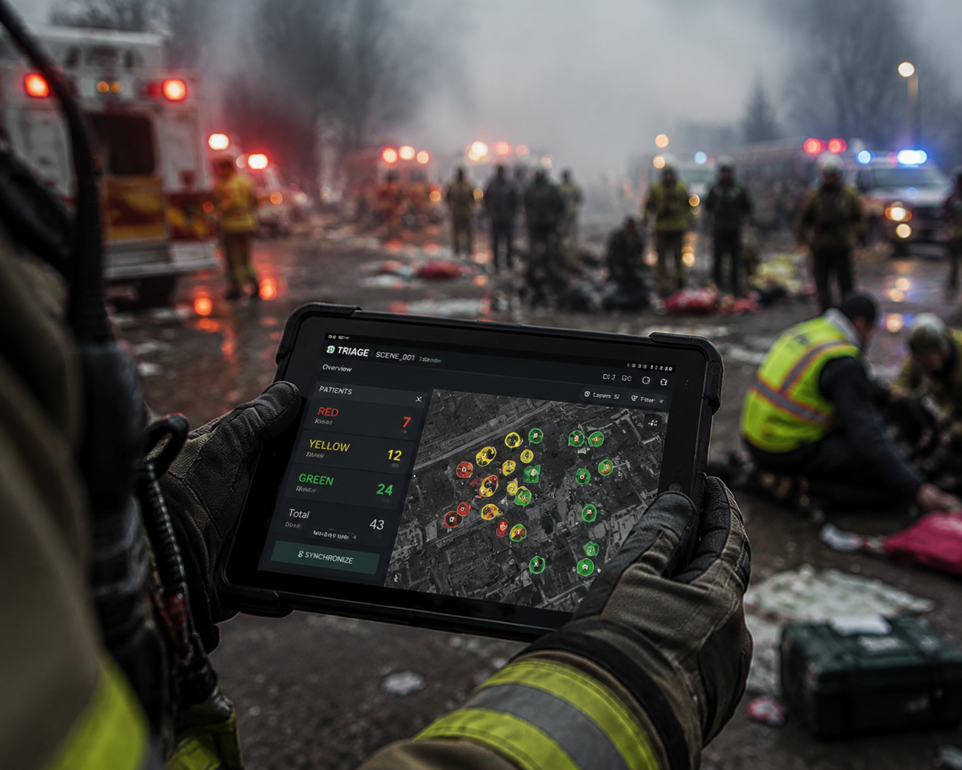 First responder holding a rugged tablet with a digital triage interface in a smoky emergency scene