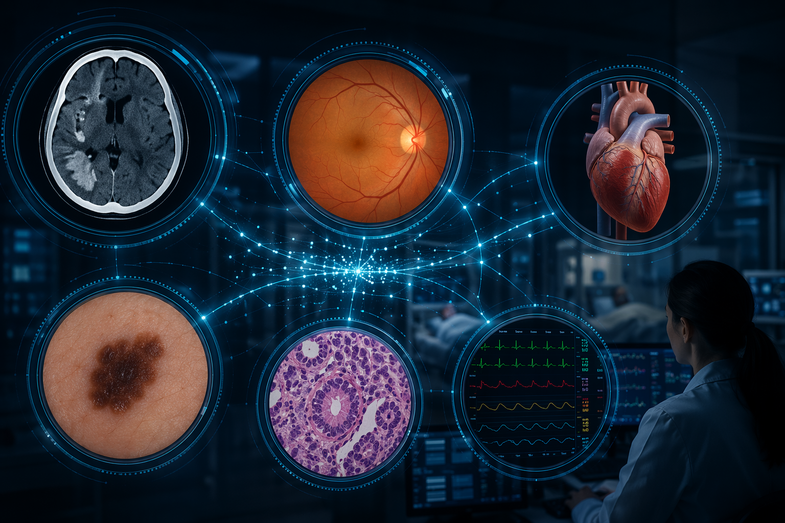 AI diagnostic systems connected across brain imaging, eye screening, cardiology, dermatology, pathology, and patient monitoring interfaces