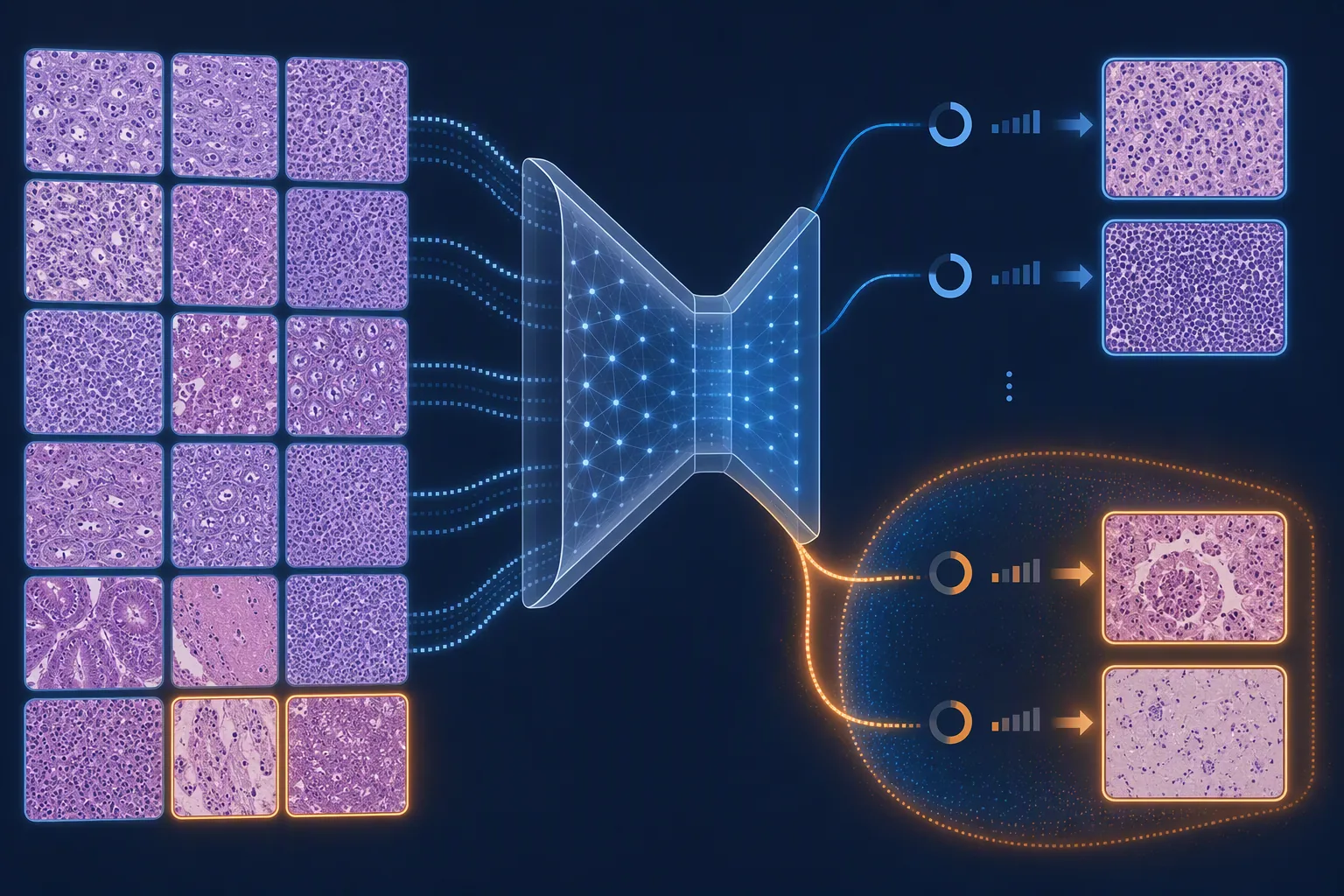 Histopathology slide images flowing through an AI pipeline with uncertain cases diverted into an out-of-distribution pathway