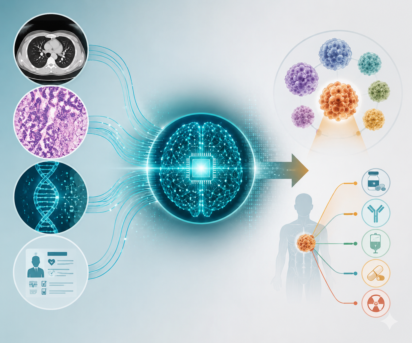 CT scan, pathology slide, DNA helix, and clinical chart data feeding into an AI system that outputs cancer subtype and treatment options