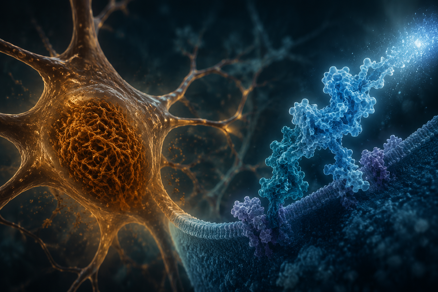 Scientific illustration of SORLA interacting with a neuronal membrane near amber tau tangle pathology