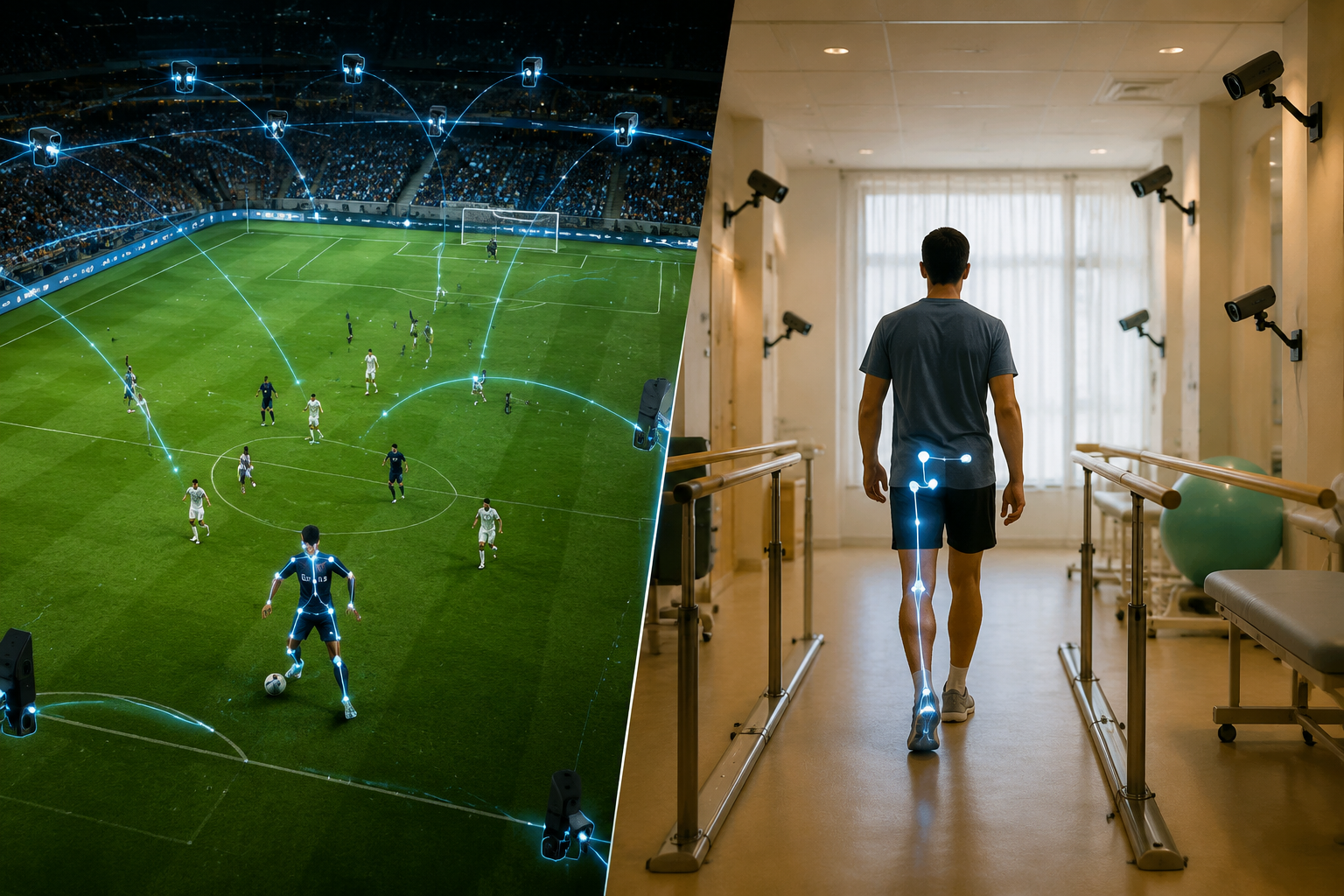 Split scene showing football offside limb tracking beside clinical rehabilitation gait analysis