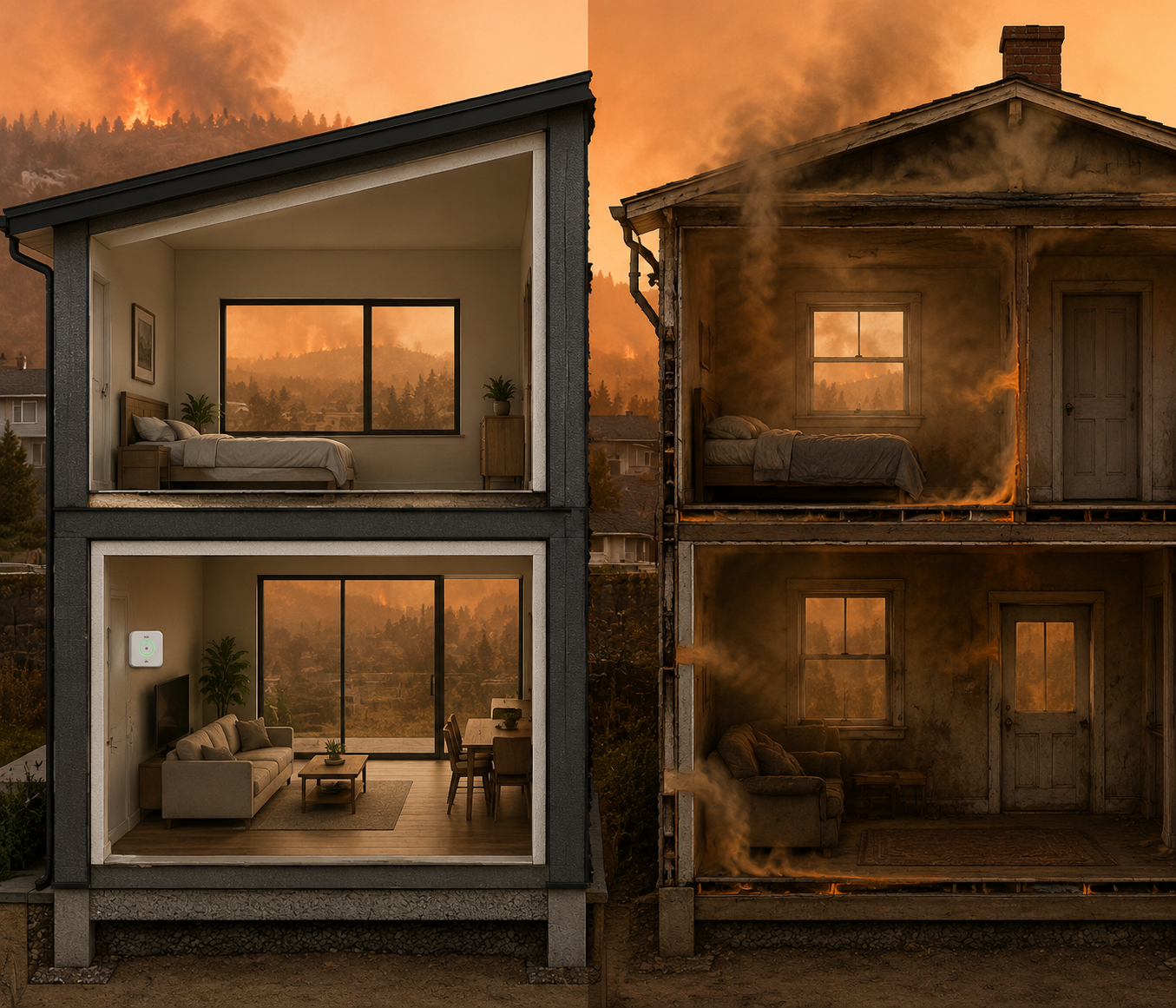 Cross-section of a newer sealed home and an older smoky building during wildfire smoke