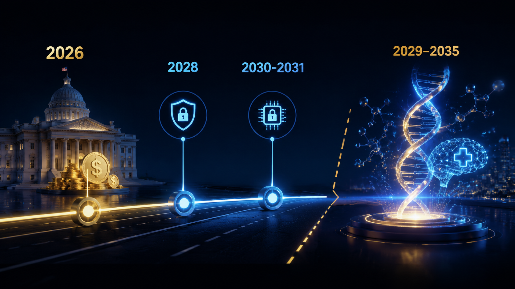 Timeline from 2026 federal quantum milestones to 2029 to 2035 healthcare AI commercialization window