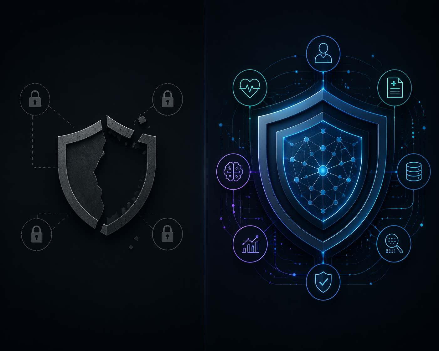 Comparison of a cracked generic shield and a layered shield with data flow and model audit symbols