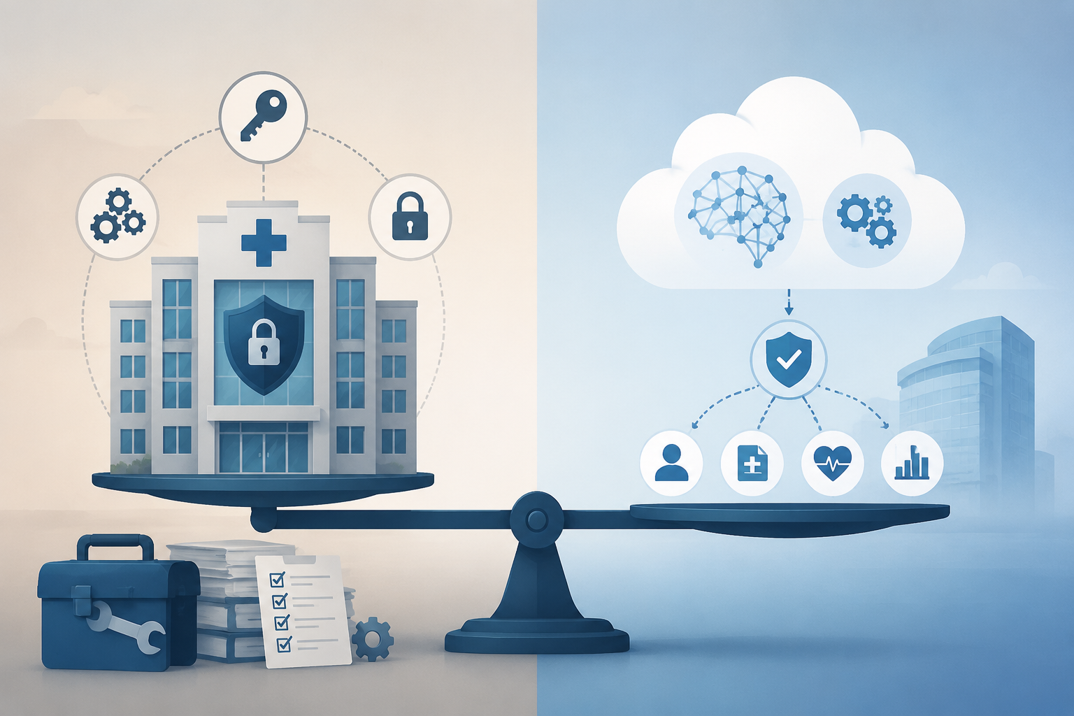 A hospital-side self-hosted compliance responsibility path balanced against a cloud vendor compliance pathway