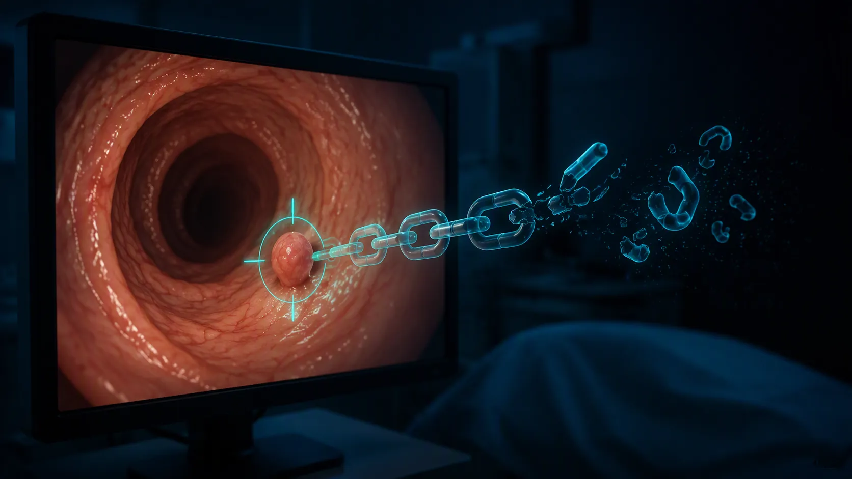 Endoscopy monitor showing a small highlighted polyp, with a broken chain motif suggesting a gap between detection and patient outcomes