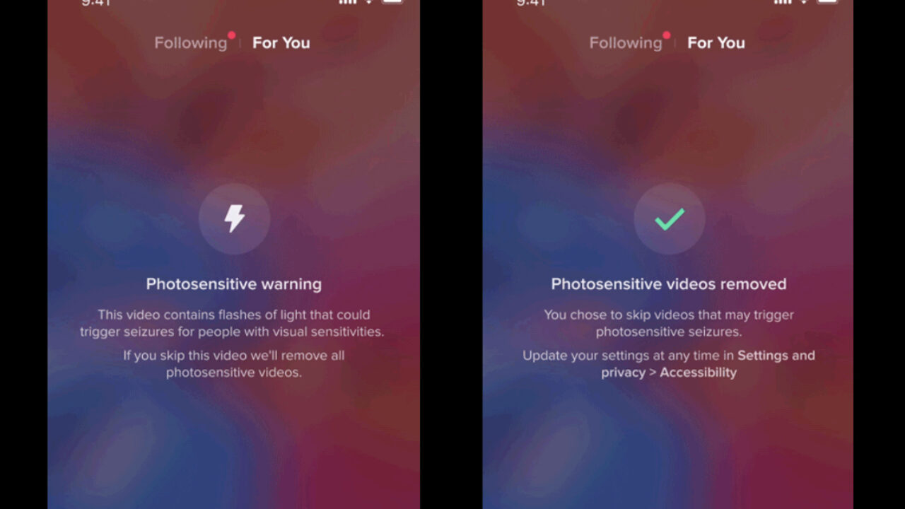 TikTok app interface showing a photosensitive epilepsy warning and Skip All feature for flashing videos