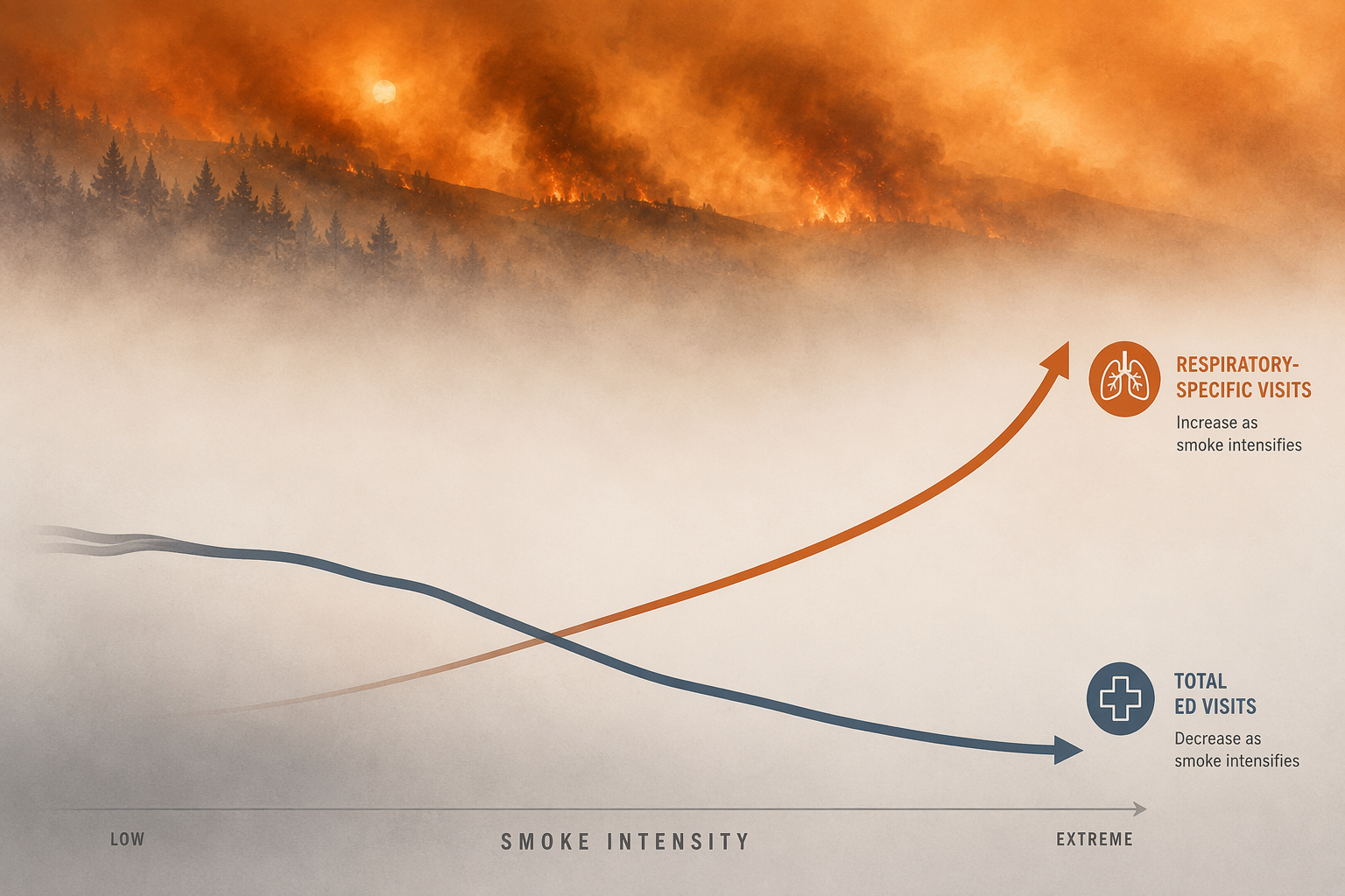Diverging emergency department visit lines during extreme wildfire smoke, with total visits falling and respiratory visits rising