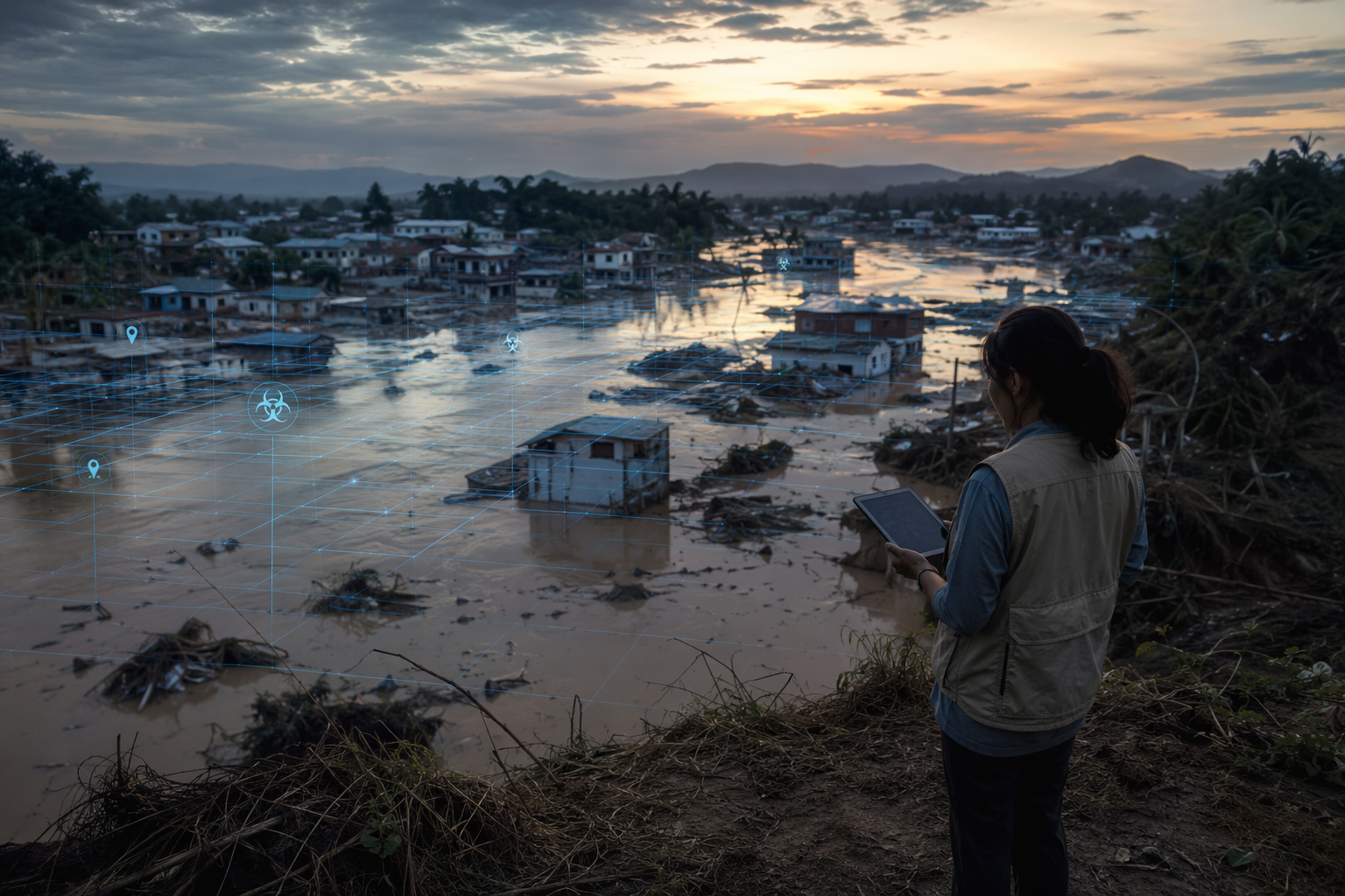 Flood-affected town with receding water, a field worker reviewing a tablet, and an analytical overlay suggesting surveillance monitoring.