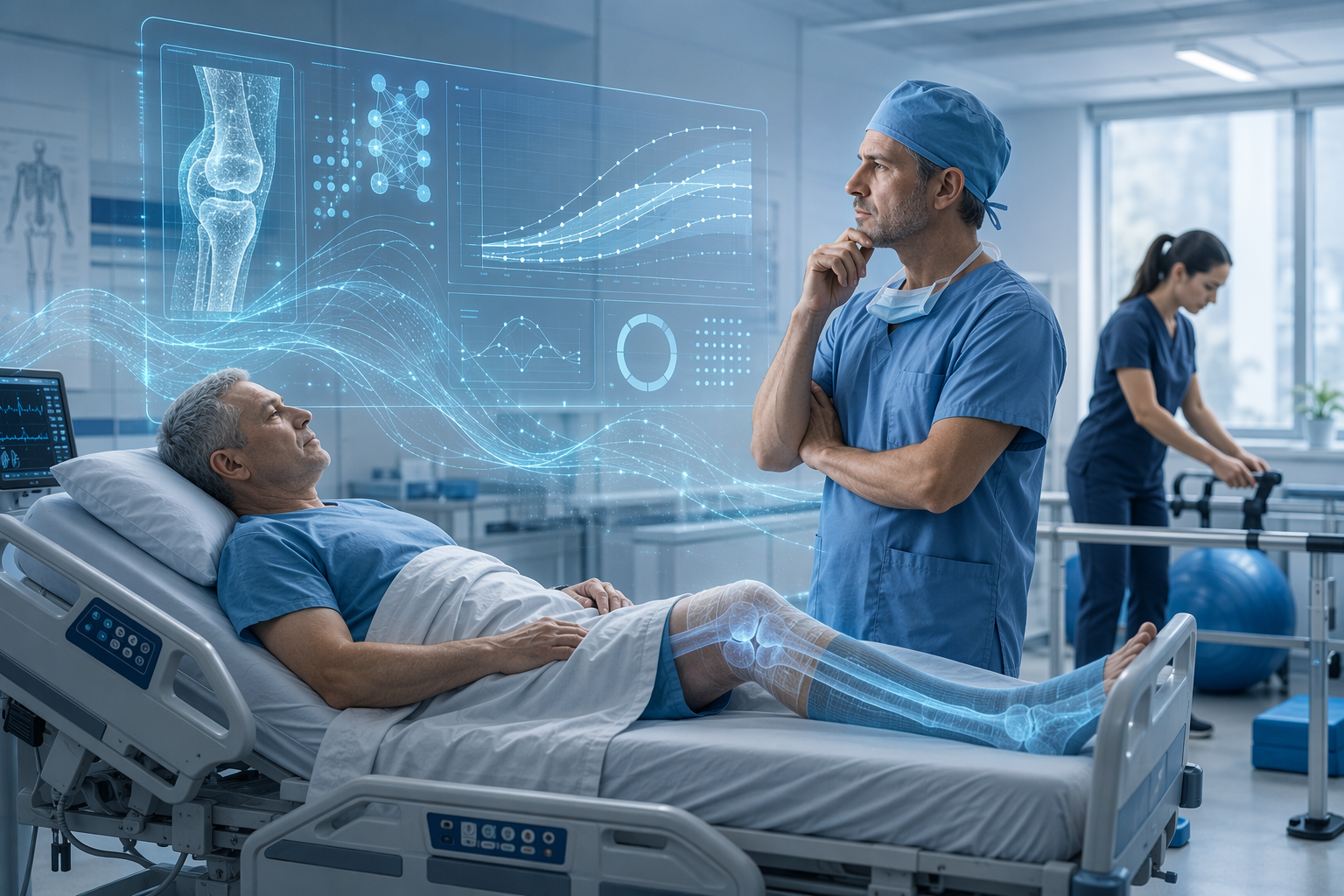 Surgeon beside a recovery-room patient with digital prediction curves and model metrics overlaid