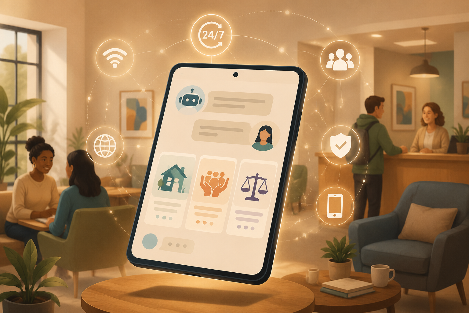 Smartphone showing a chat-based legal information triage interface for housing, benefits, and legal guidance