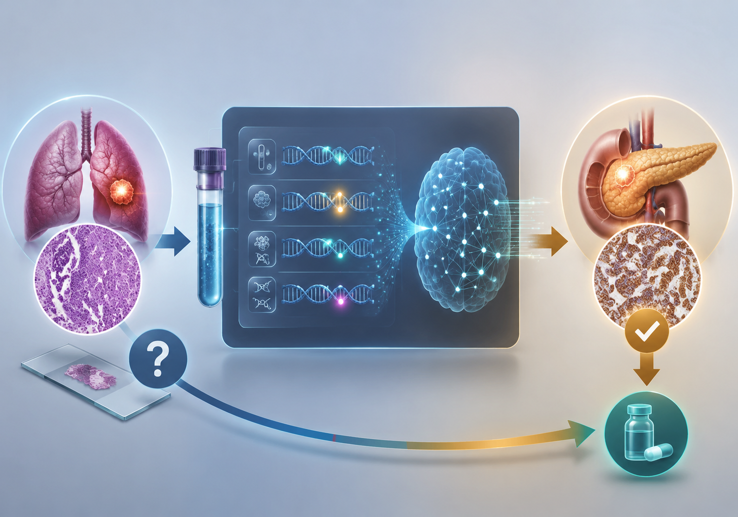 Diagnostic workflow showing a lung squamous cell carcinoma sample being reclassified after molecular profiling, with a treatment pathway changing accordingly