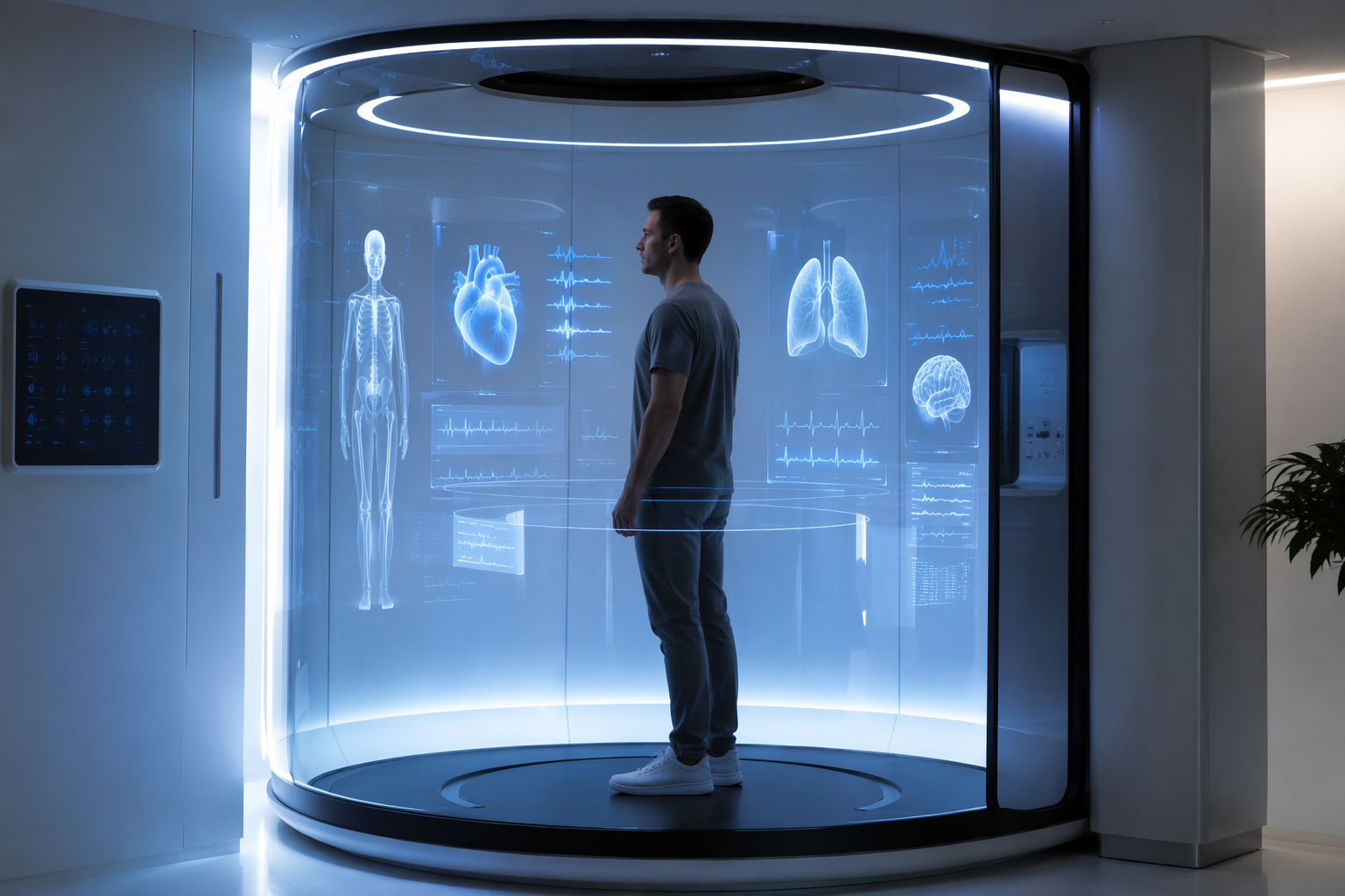 A person standing inside a futuristic AI health scanning pod with holographic medical data overlays