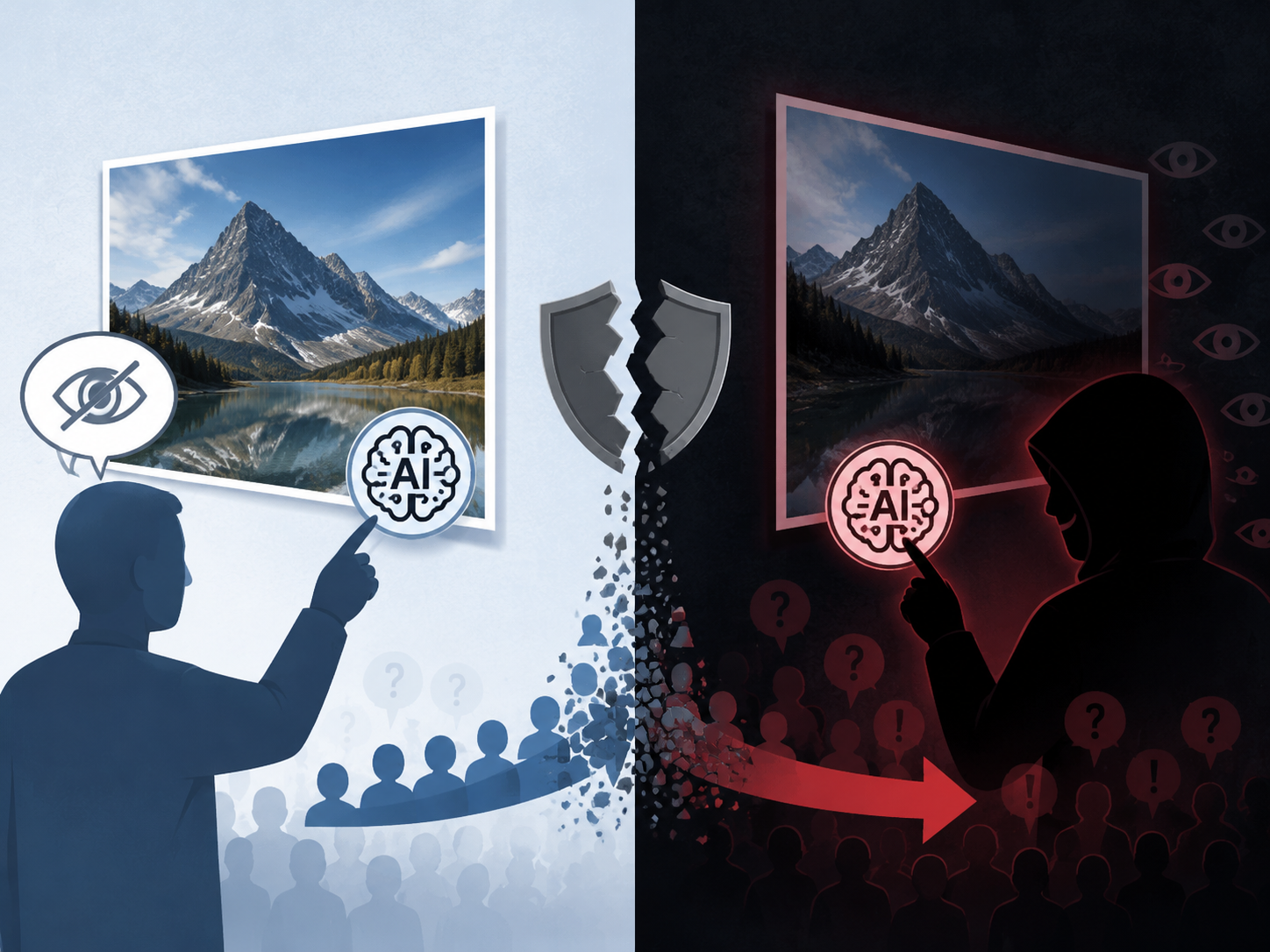 Illustration of the liar's dividend, showing a real photograph doubted because of an AI label and a figure exploiting that doubt